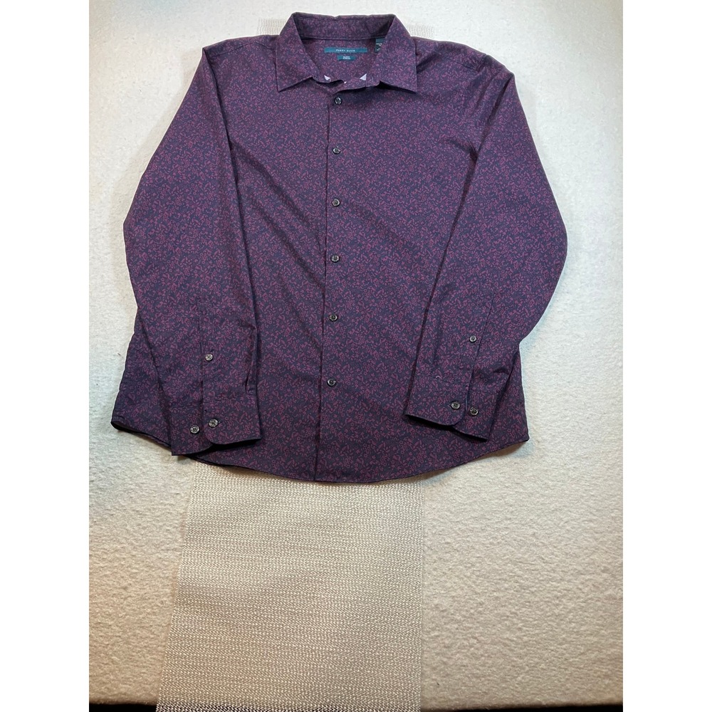 Perry Ellis Mens Slim Fit‎ Stretch Shirt Large Tall Burgundy Floral Button Down